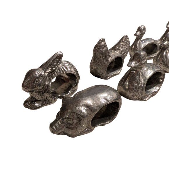 Vintage Shafford Pewter Animal Napkin Rings Set 10 Ducks Rabbit Hen Pig - Picture 10 of 16